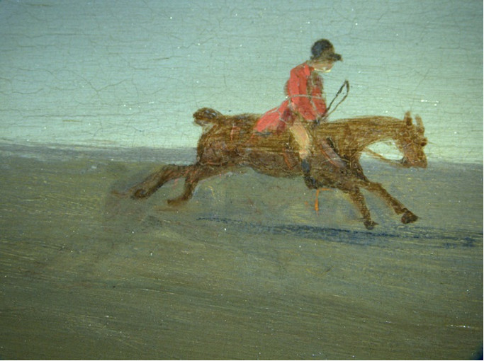 Click the image for a view of: Pentiment of moved rider and horse top left