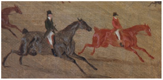 Click the image for a view of: Detail showing the thin paint layer where the peaks of the canvas can be seen through 
the black horse