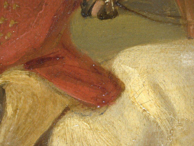 Click the image for a view of: Detail of rider showing underdrawing and red lake glaze