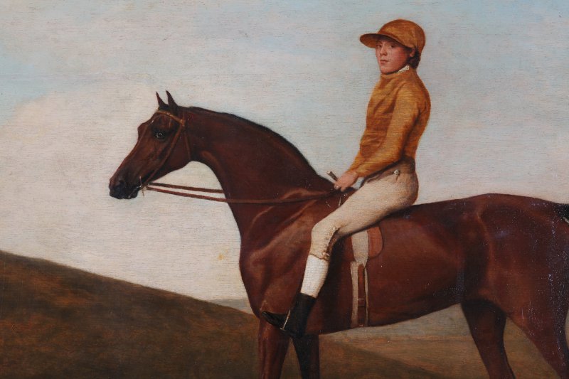 Click the image for a view of: Detail of Rosaletta with Jockey
