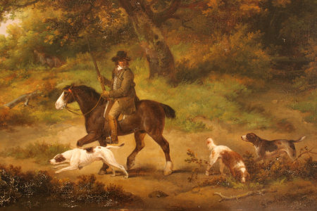 Click the image for a view of: Detail of sportsman and dogs, after cleaning