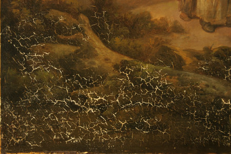Click the image for a view of: Detail of foreground and drying cracks, after cleaning