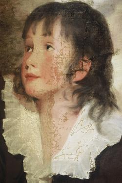 Click the image for a view of: Detail of son, during varnish removal and showing overpaint