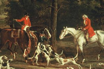 Click the image for a view of: Detail of horses, riders and hounds, before treatment