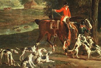 Click the image for a view of: Detail of horses, riders, hounds and fox, before treatment