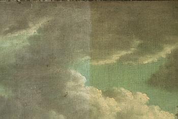 Click the image for a view of: Detail of sky, central upper edge, during varnish removal