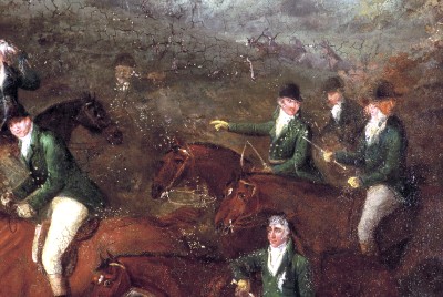 Click the image for a view of: Detail of horses, normal light (2 rider pentiments)