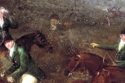 Click the image for a view of: Finer detail of horses, normal light (1 rider pentiment)